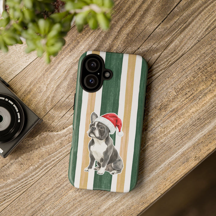 French Bulldog Christmas Tough iPhone Case, Green Gold Stripes, Santa Dog Phone Cover