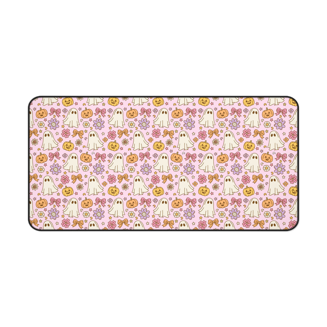 Vintage Ghost Floral Desk Mat, Pink Halloween Pumpkin and Bow Desk Pad, Cute Retro Spooky Large Mouse Pad
