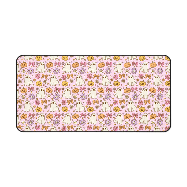 Vintage Ghost Floral Desk Mat, Pink Halloween Pumpkin and Bow Desk Pad, Cute Retro Spooky Large Mouse Pad