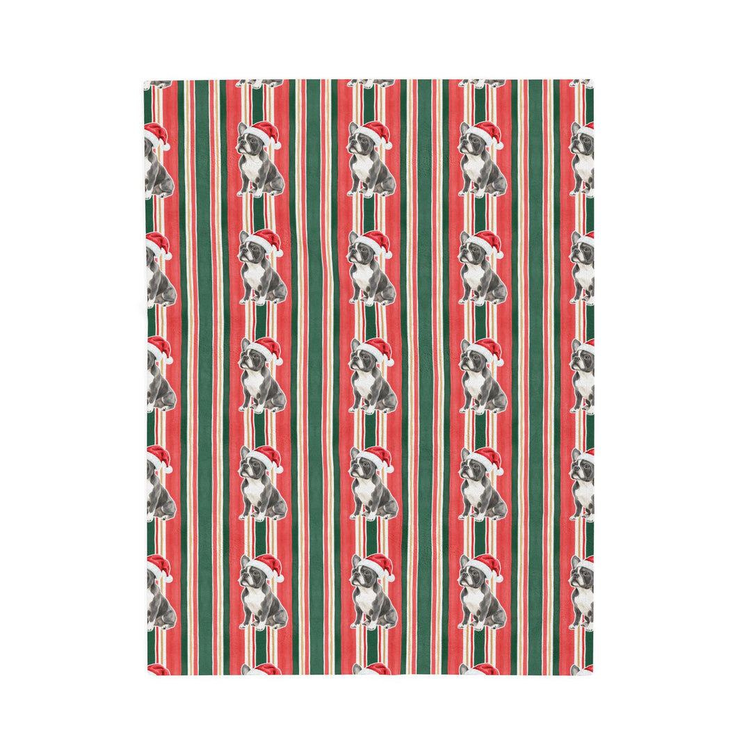 French Bulldog Christmas Velveteen Plush Blanket, Classic Red Green Stripes, Santa Dog Throw