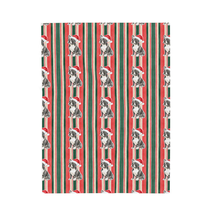 French Bulldog Christmas Velveteen Plush Blanket, Classic Red Green Stripes, Santa Dog Throw
