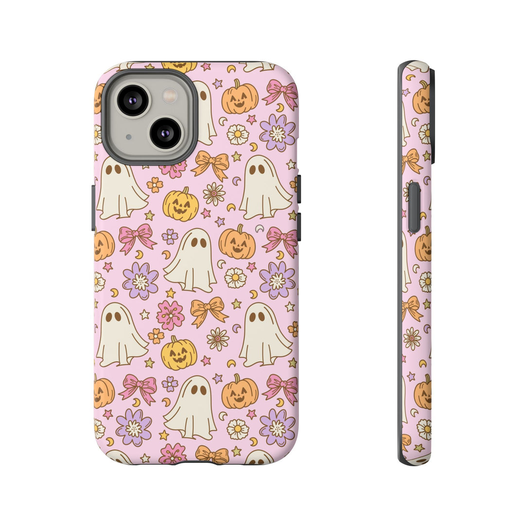 Vintage Ghost Floral Tough iPhone Case, Pink Halloween Pumpkin Bow Phone Cover, Matte or Glossy