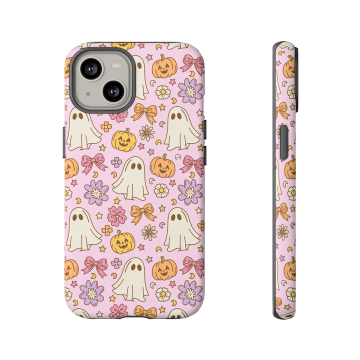 Vintage Ghost Floral Tough iPhone Case, Pink Halloween Pumpkin Bow Phone Cover, Matte or Glossy