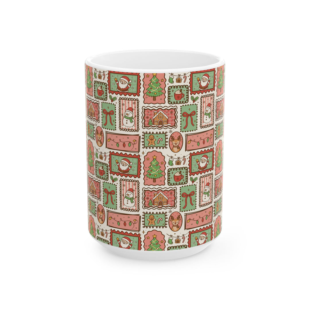 Vintage Christmas Frames Ceramic Mug, Santa Snowman Reindeer Coffee Cup, Cozy Holiday Gift, 11oz and 15oz