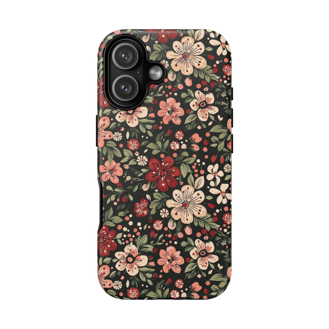 Retro Christmas Floral Tough iPhone Case, Dark Botanical Pink Red Flower Phone Cover, Matte or Glossy