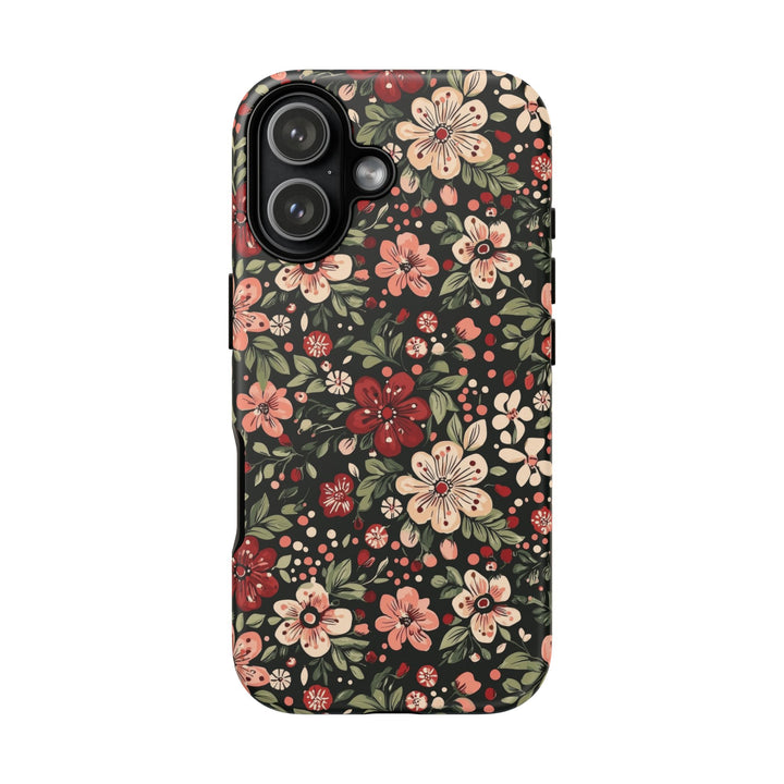 Retro Christmas Floral Tough iPhone Case, Dark Botanical Pink Red Flower Phone Cover, Matte or Glossy