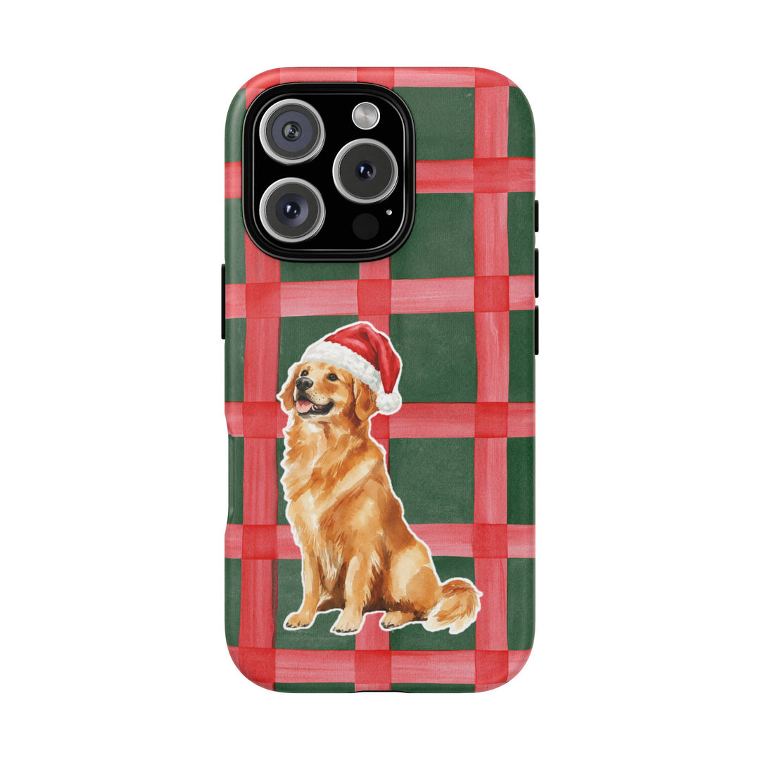 Golden Retriever Christmas Tough iPhone Case, Red Green Plaid, Santa Dog Phone Cover