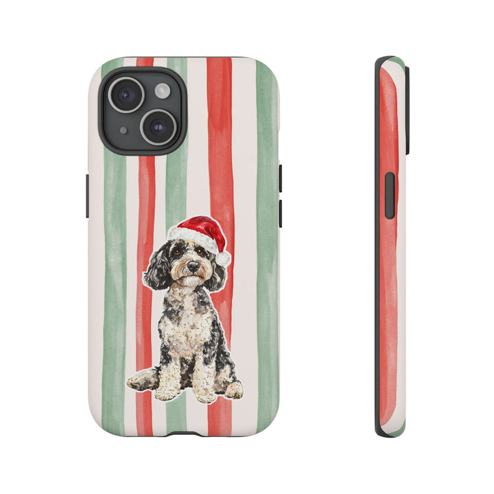 Doodle Christmas Tough iPhone Case, Red Sage Stripes, Santa Dog Phone Cover