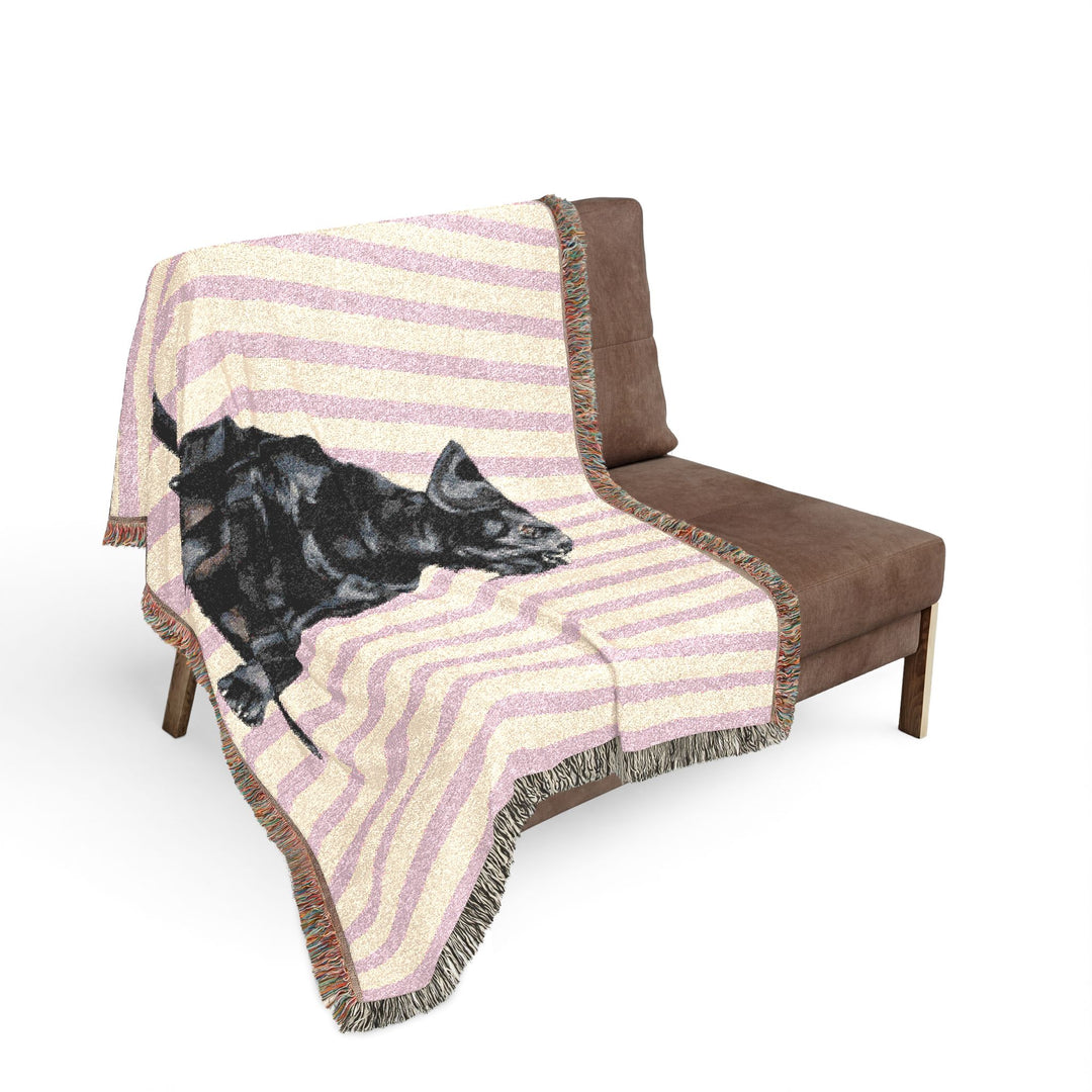Black Lab Woven Blanket, Pink Stripe Cotton Throw, Labrador Mom Gift, 60 x 50