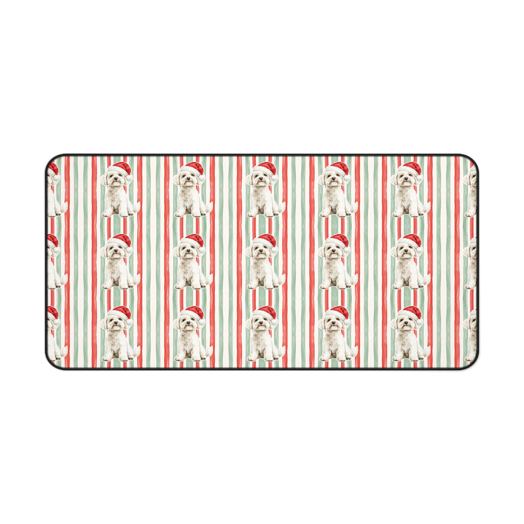 Maltese Christmas Desk Mat, Red Sage Stripes, Santa Dog Desk Pad