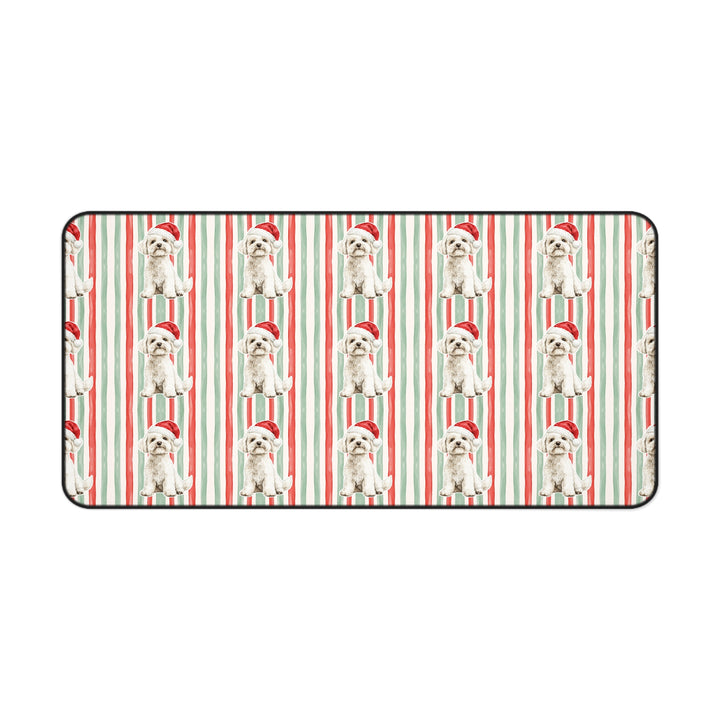 Maltese Christmas Desk Mat, Red Sage Stripes, Santa Dog Desk Pad