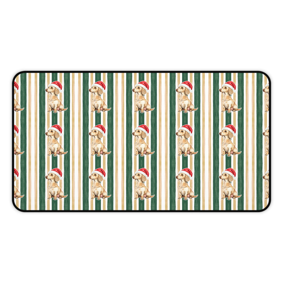 Dachshund Christmas Desk Mat, Green Gold Stripes, Santa Dog Desk Pad