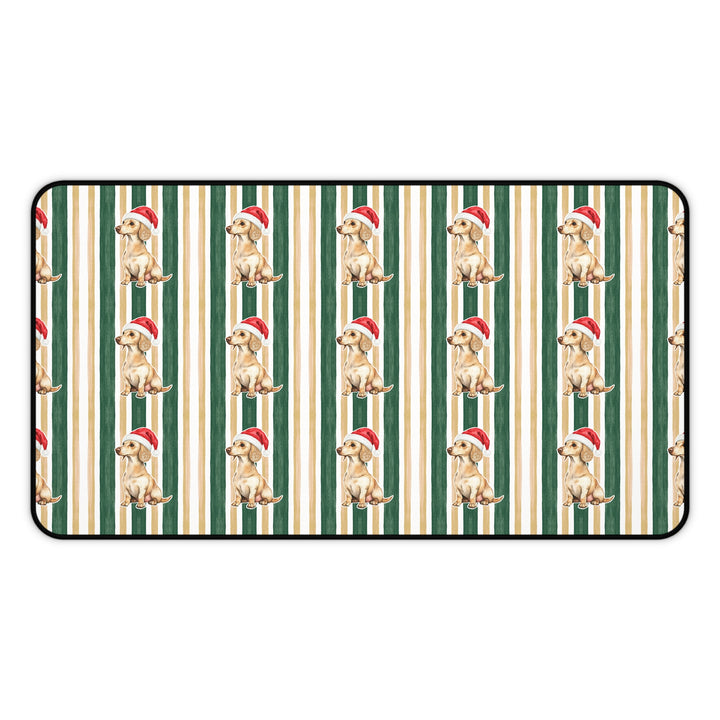 Dachshund Christmas Desk Mat, Green Gold Stripes, Santa Dog Desk Pad