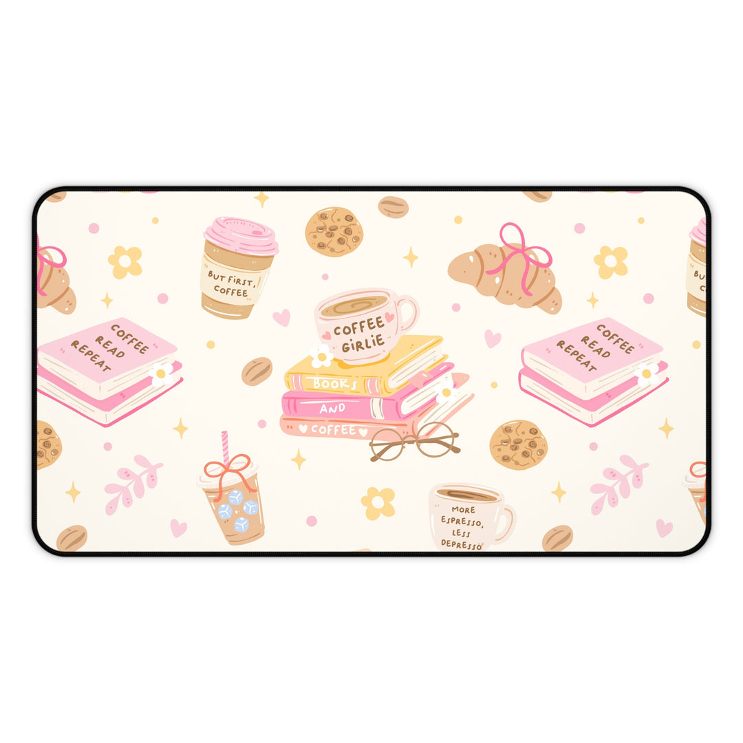 Coffee and Books Desk Mat, Pastel Pink Bookish Desk Pad, Non Slip Neoprene Office Decor