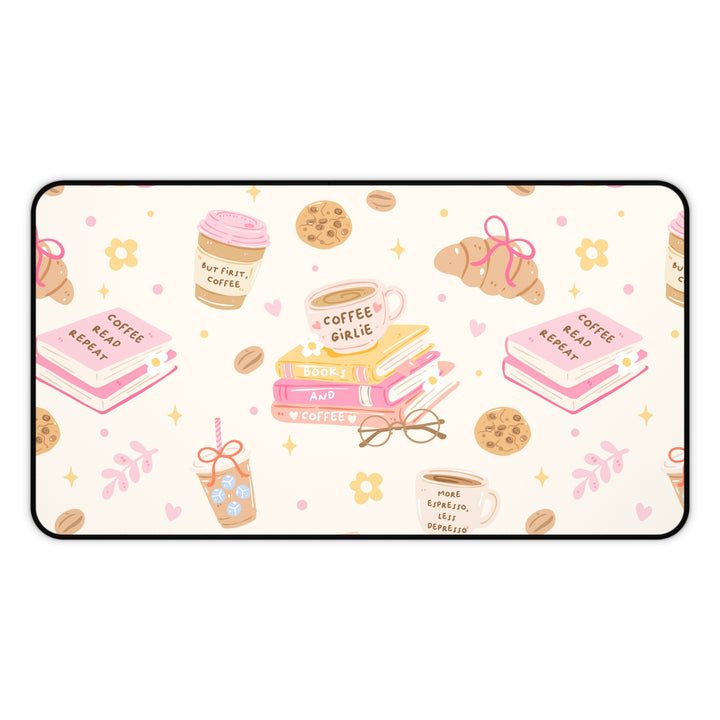 Coffee and Books Desk Mat, Pastel Pink Bookish Desk Pad, Non Slip Neoprene Office Decor