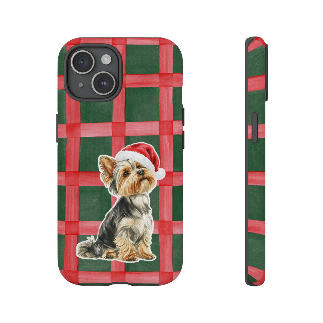 Yorkshire Terrier Christmas Tough iPhone Case, Red Green Plaid, Santa Dog Phone Cover
