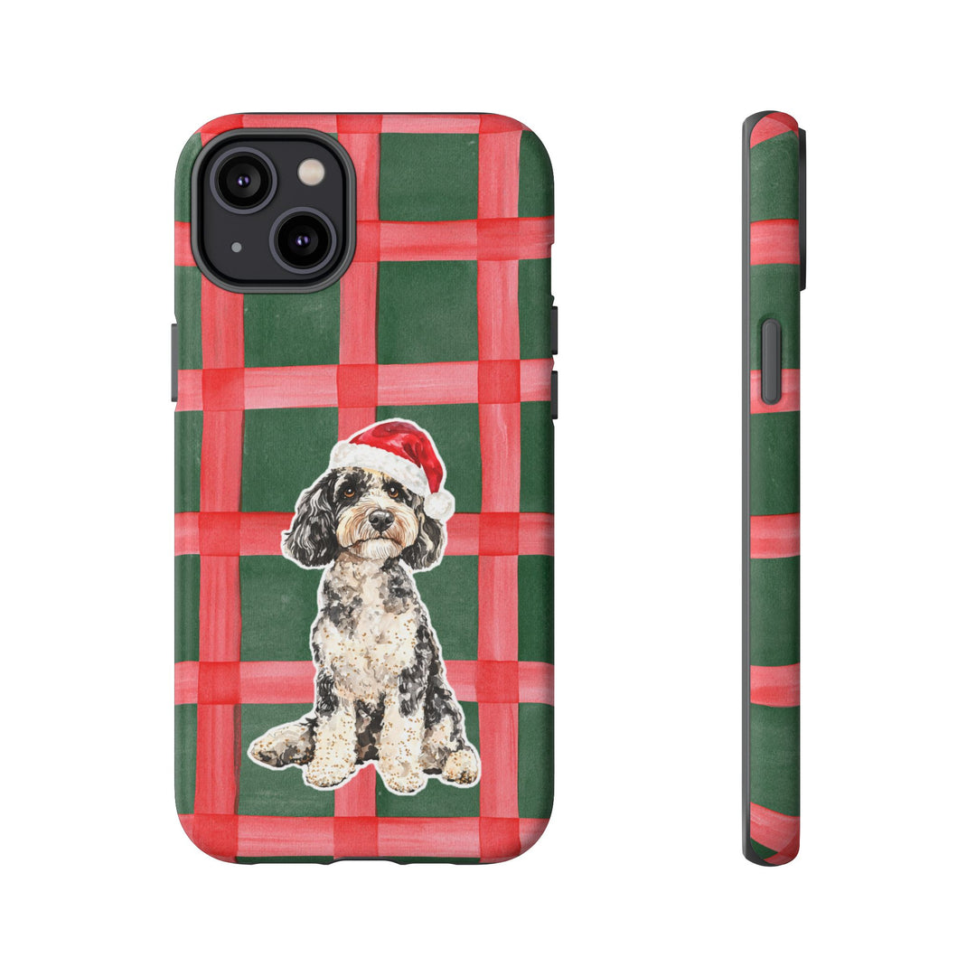 Doodle Christmas Tough iPhone Case, Red Green Plaid, Santa Dog Phone Cover
