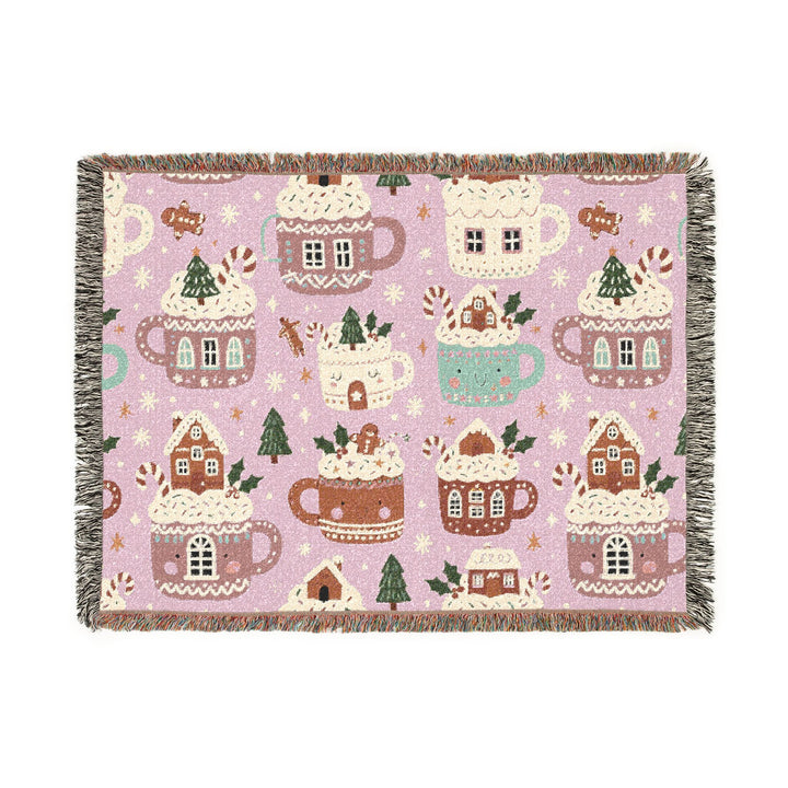 Pink Gingerbread Cocoa Woven Blanket, Christmas Hot Chocolate Cotton Throw, Cozy Holiday Sofa Decor