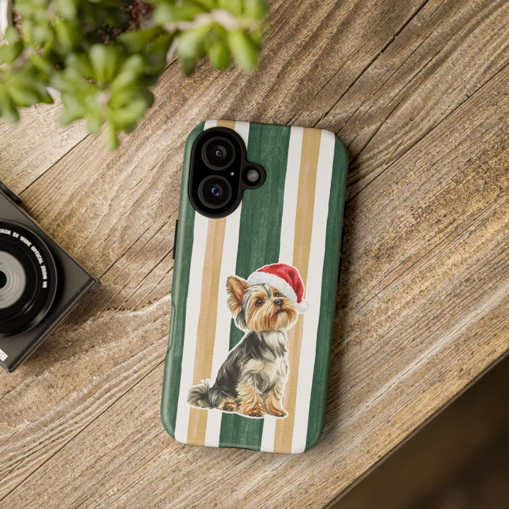 Yorkshire Terrier Christmas Tough iPhone Case, Green Gold Stripes, Santa Dog Phone Cover