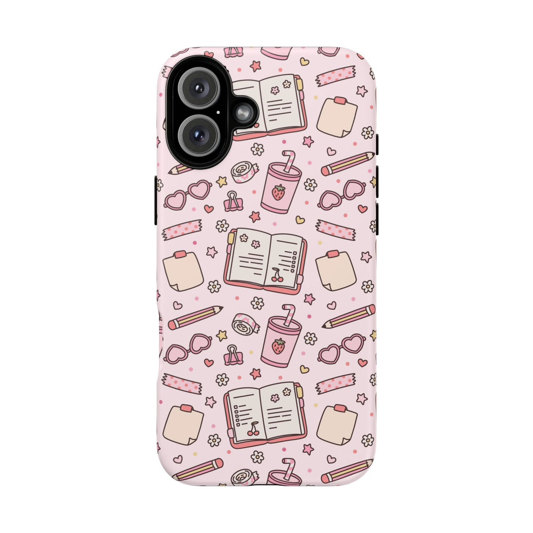 Pink Stationery Tough iPhone Case, Back to School Notebook and Pencil Phone Cover, Matte or Glossy