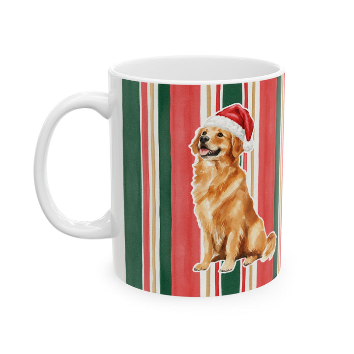 Golden Retriever Christmas Mug, Classic Christmas Stripes, 11oz White Ceramic