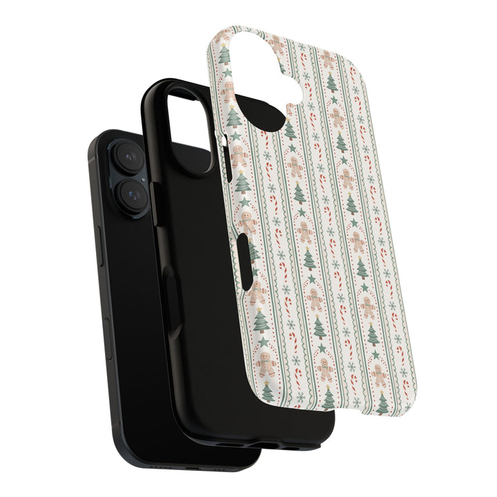 Gingerbread Stripe Tough iPhone Case, Sage Green Christmas Tree Holiday Phone Cover, Matte or Glossy