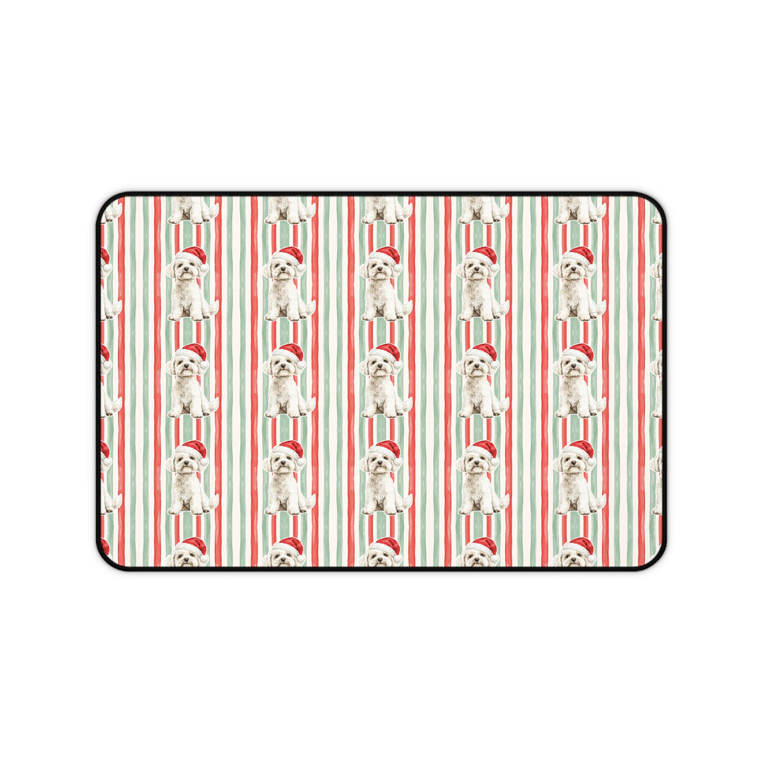 Maltese Christmas Desk Mat, Red Sage Stripes, Santa Dog Desk Pad