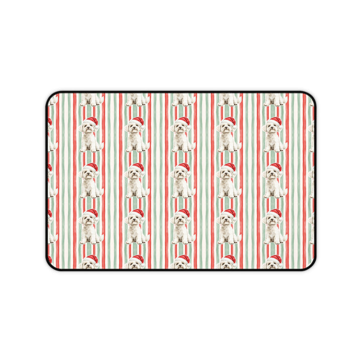 Maltese Christmas Desk Mat, Red Sage Stripes, Santa Dog Desk Pad