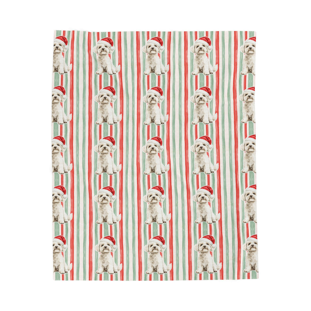Maltese Christmas Velveteen Plush Blanket, Red Sage Stripes, Santa Dog Throw