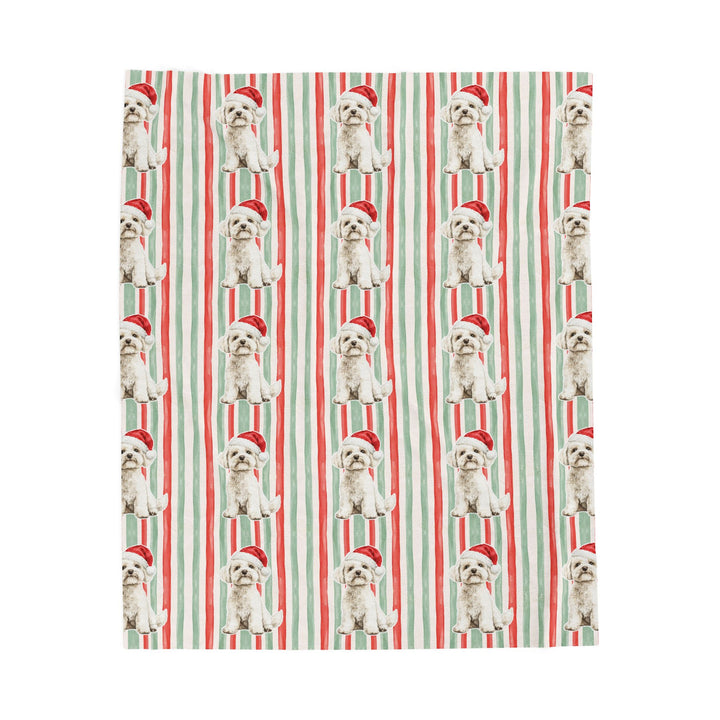 Maltese Christmas Velveteen Plush Blanket, Red Sage Stripes, Santa Dog Throw