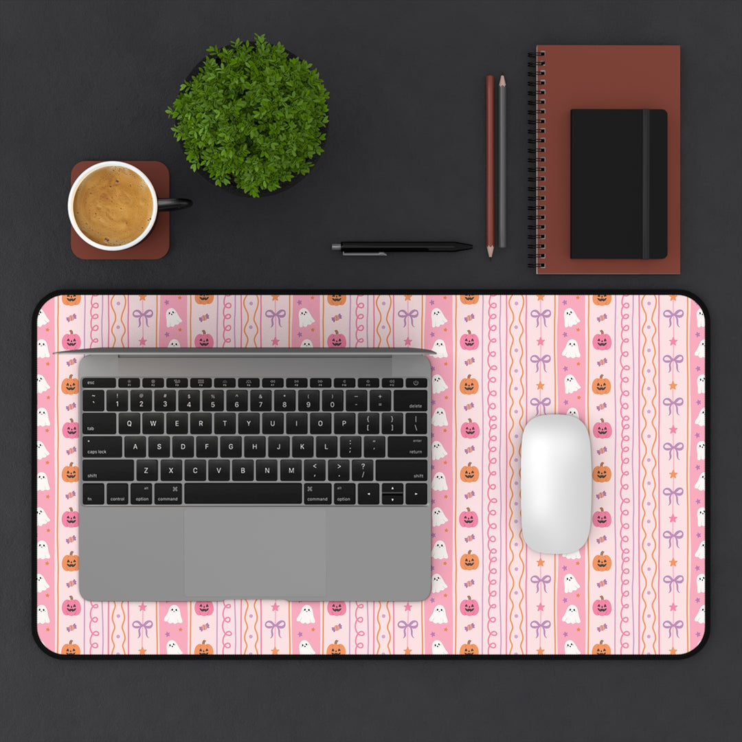 Pastel Halloween Stripe Desk Mat, Pink Ghost Pumpkin Candy and Bow Desk Pad, Cute Spooky Large Mouse Pad