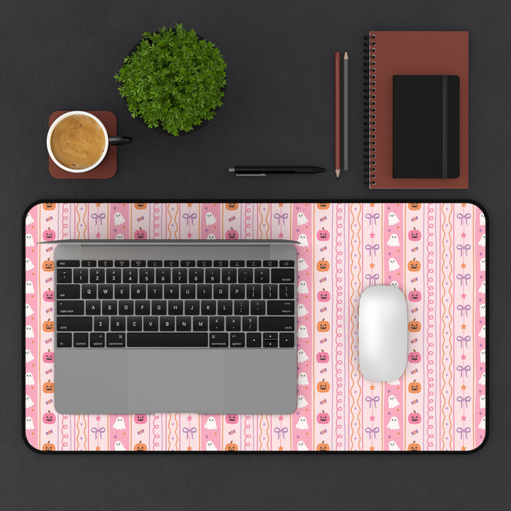 Pastel Halloween Stripe Desk Mat, Pink Ghost Pumpkin Candy and Bow Desk Pad, Cute Spooky Large Mouse Pad