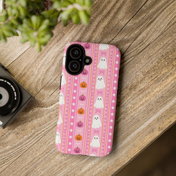 Pink Ghost Stripe Tough iPhone Case, Cute Halloween Pumpkin Bow Phone Cover, Matte or Glossy