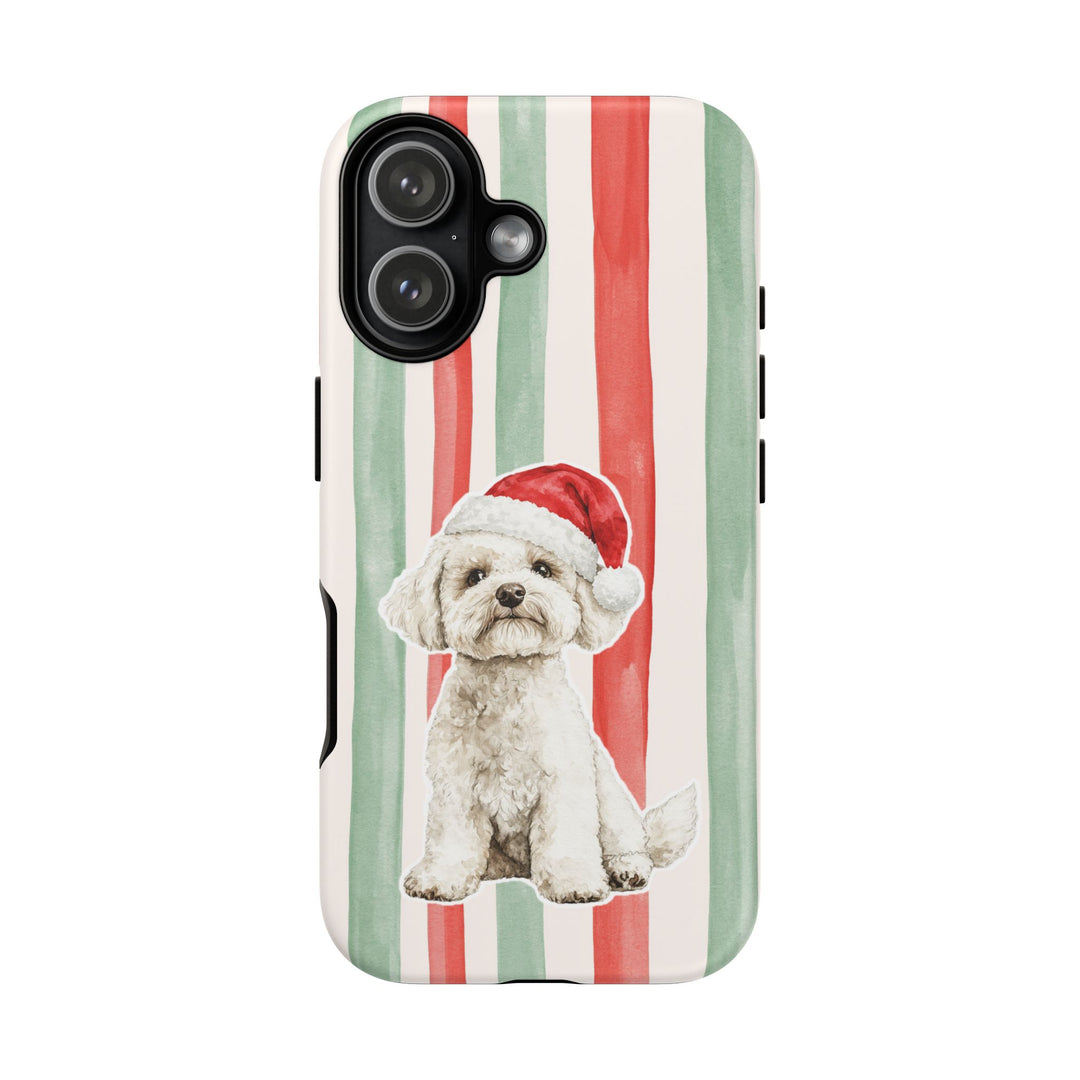 Maltese Christmas Tough iPhone Case, Red Sage Stripes, Santa Dog Phone Cover