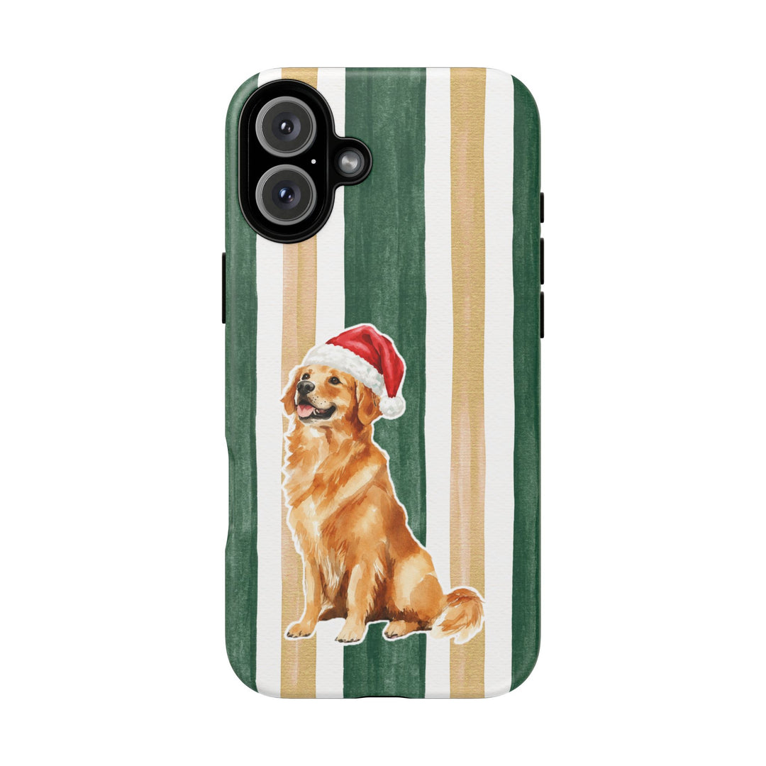Golden Retriever Christmas Tough iPhone Case, Green Gold Stripes, Santa Dog Phone Cover