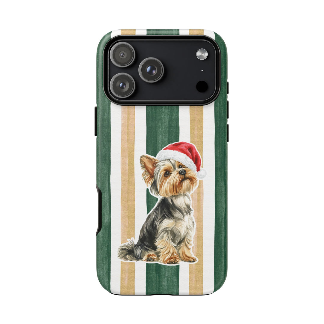 Yorkshire Terrier Christmas Tough iPhone Case, Green Gold Stripes, Santa Dog Phone Cover