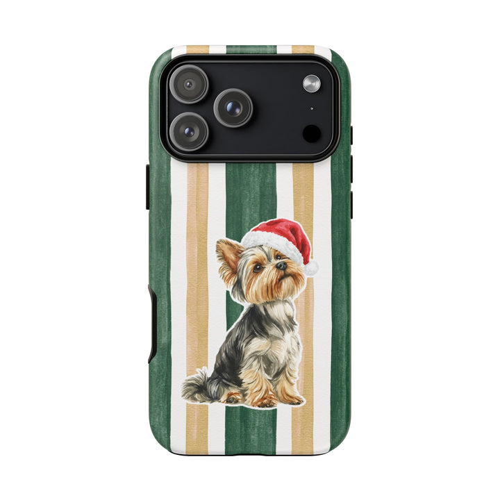 Yorkshire Terrier Christmas Tough iPhone Case, Green Gold Stripes, Santa Dog Phone Cover