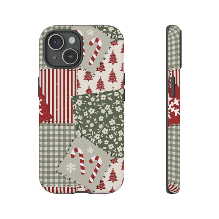 Christmas Patchwork Tough iPhone Case, Red Sage Floral Gingham Holiday Phone Cover, Matte or Glossy