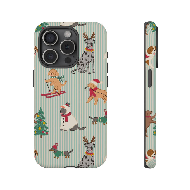 Christmas Dogs Tough iPhone Case, Green Stripe Holiday Dog Phone Cover, Matte or Glossy
