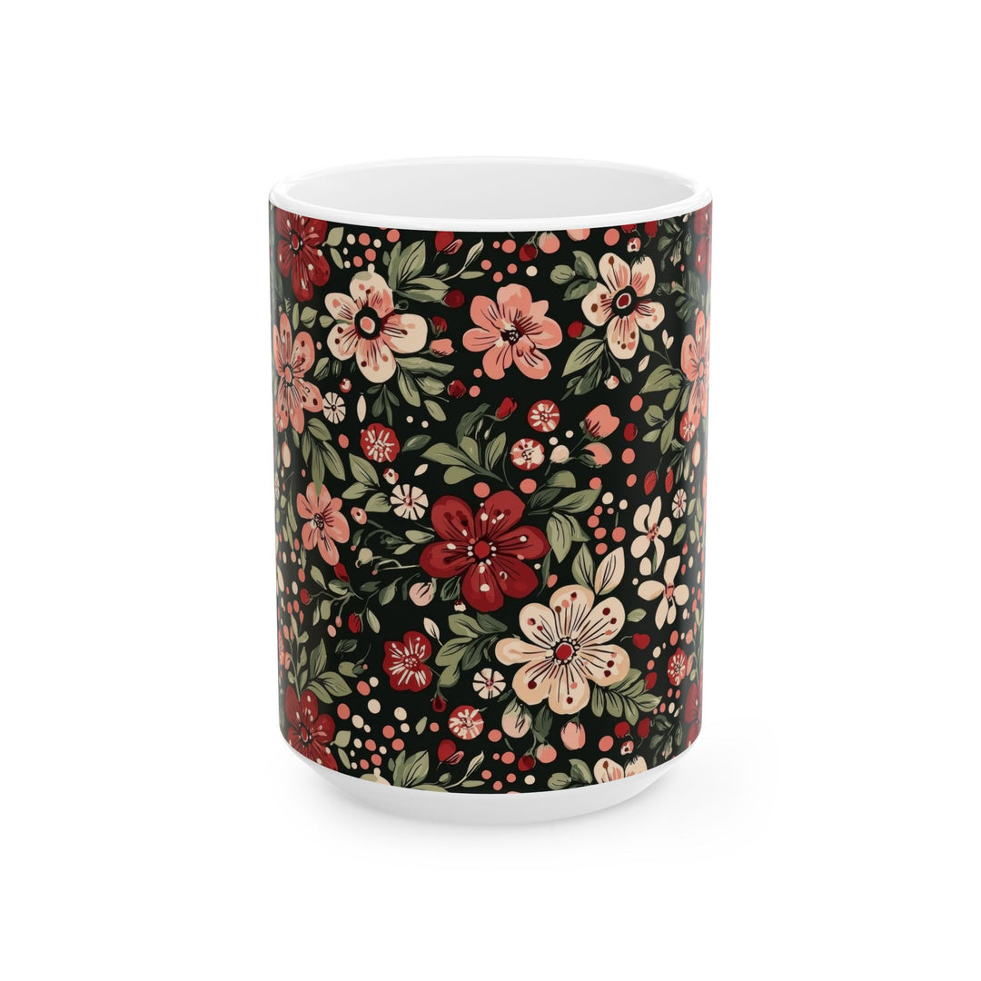 Retro Floral Ceramic Mug, Dark Botanical Coffee Cup, Pink Red Flower Tea Mug, Christmas Gift, 11oz 15oz