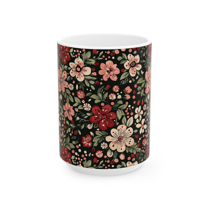 Retro Floral Ceramic Mug, Dark Botanical Coffee Cup, Pink Red Flower Tea Mug, Christmas Gift, 11oz 15oz