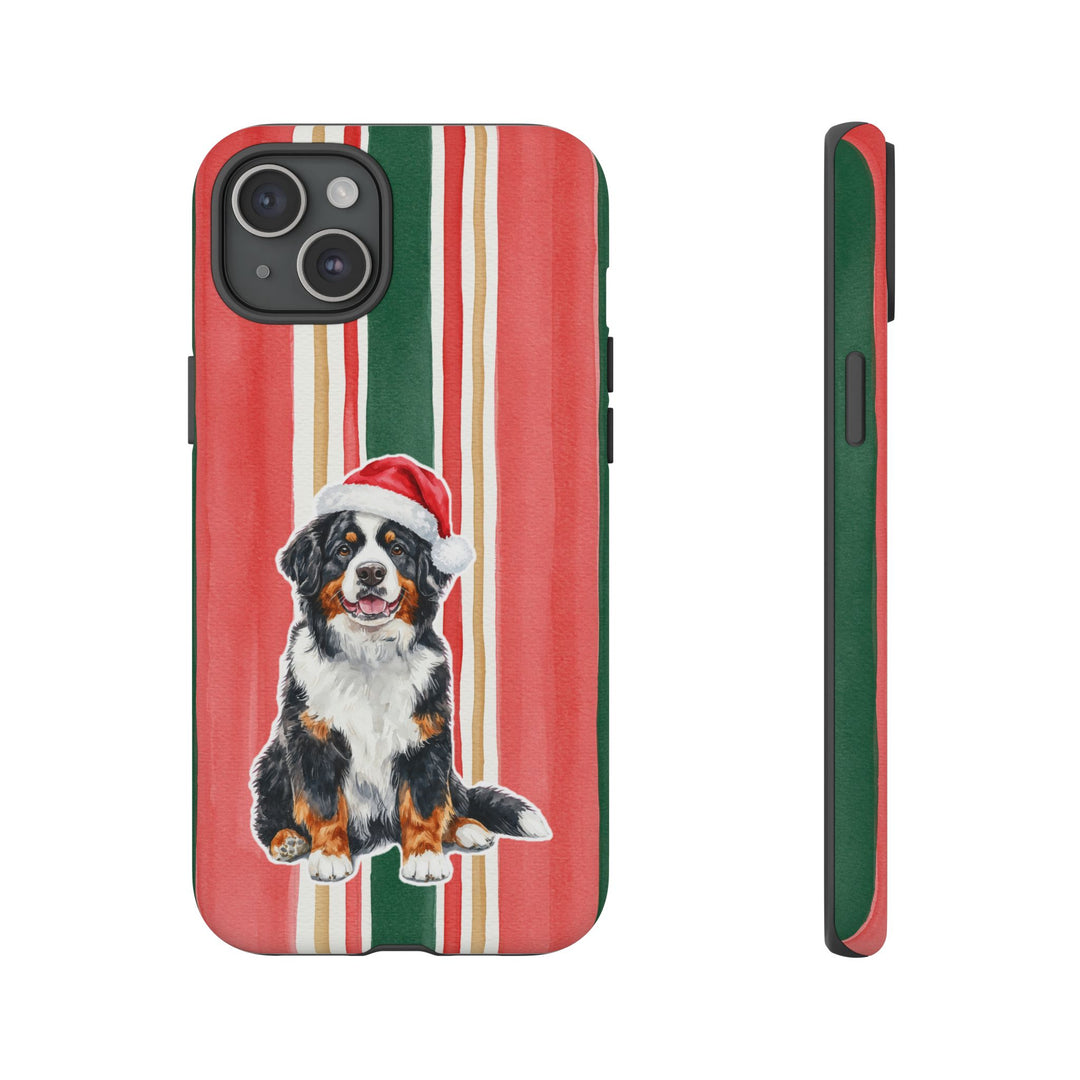 Bernese Mountain Dog Christmas Tough iPhone Case, Classic Red Green Stripes, Santa Dog Phone Cover