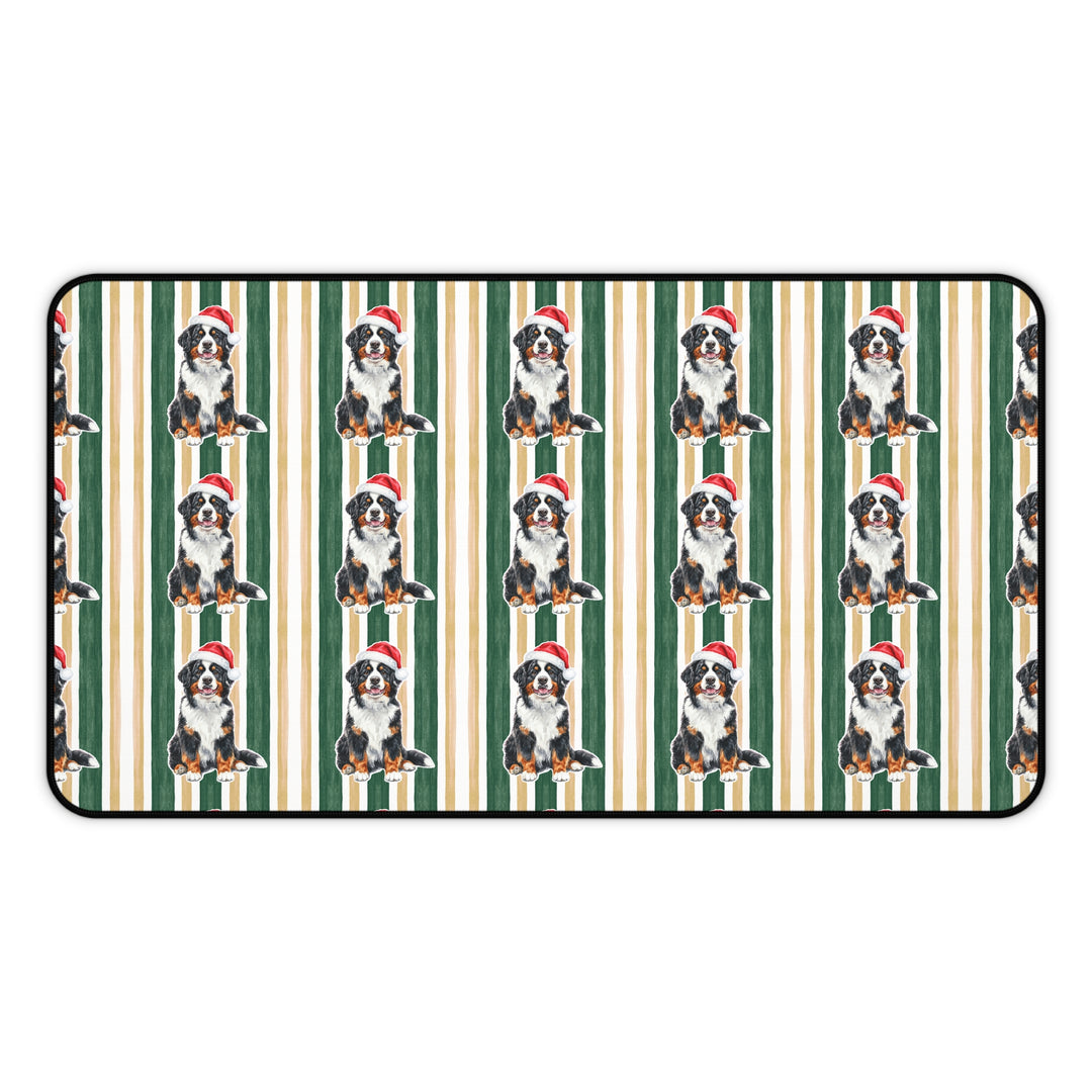 Bernese Mountain Dog Christmas Desk Mat, Green Gold Stripes, Santa Dog Desk Pad
