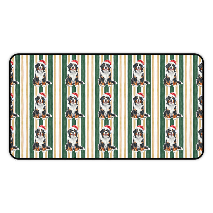 Bernese Mountain Dog Christmas Desk Mat, Green Gold Stripes, Santa Dog Desk Pad