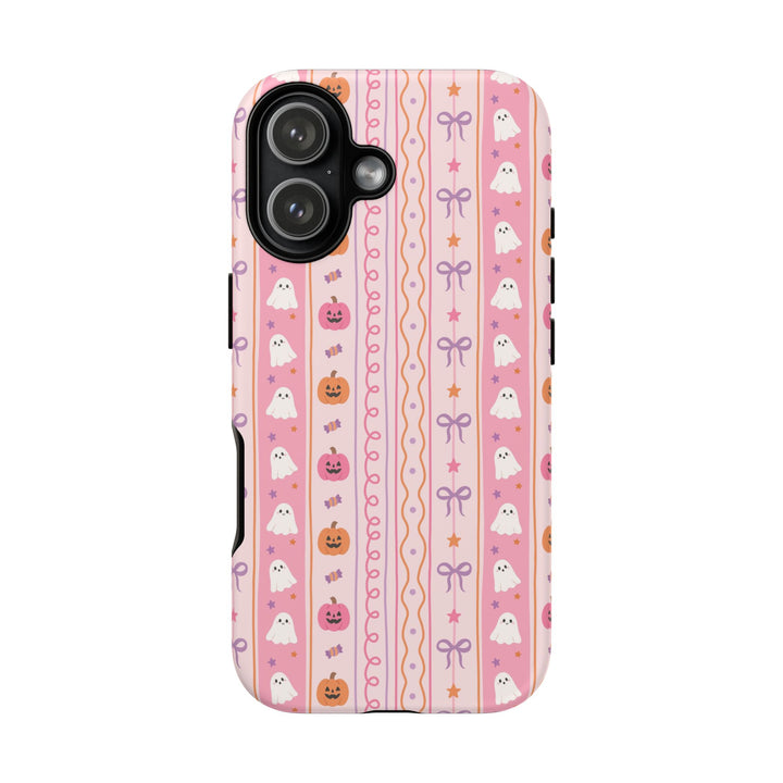Pastel Halloween Stripe Tough iPhone Case, Pink Ghost Pumpkin Lavender Bow Phone Cover, Matte or Glossy
