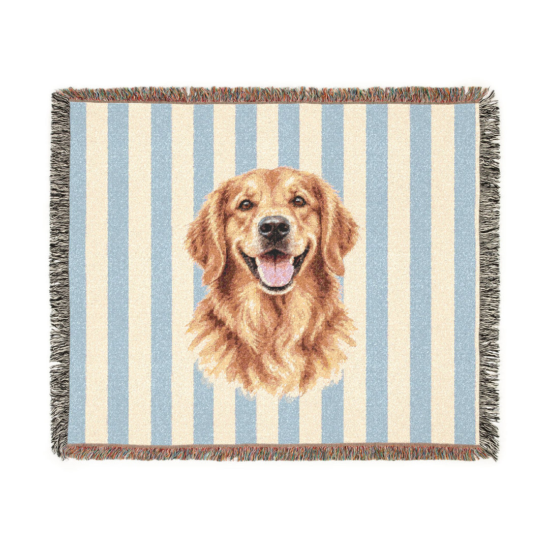 Custom Watercolor Dog Woven Blanket, Light Blue White Stripes, Personalized Pet Photo Cotton Throw, 60 x 50