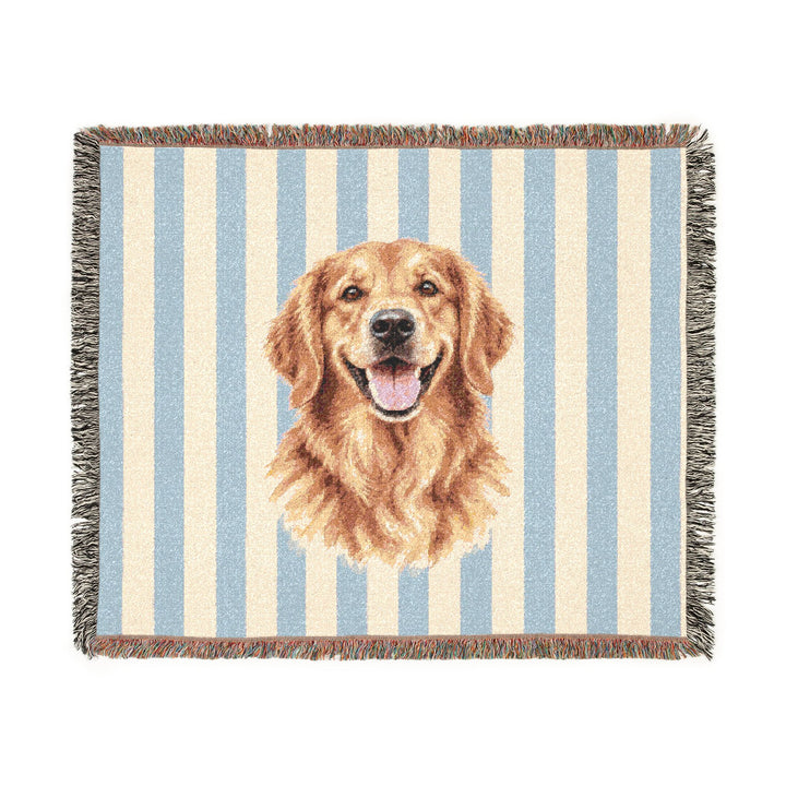 Custom Watercolor Dog Woven Blanket, Light Blue White Stripes, Personalized Pet Photo Cotton Throw, 60 x 50