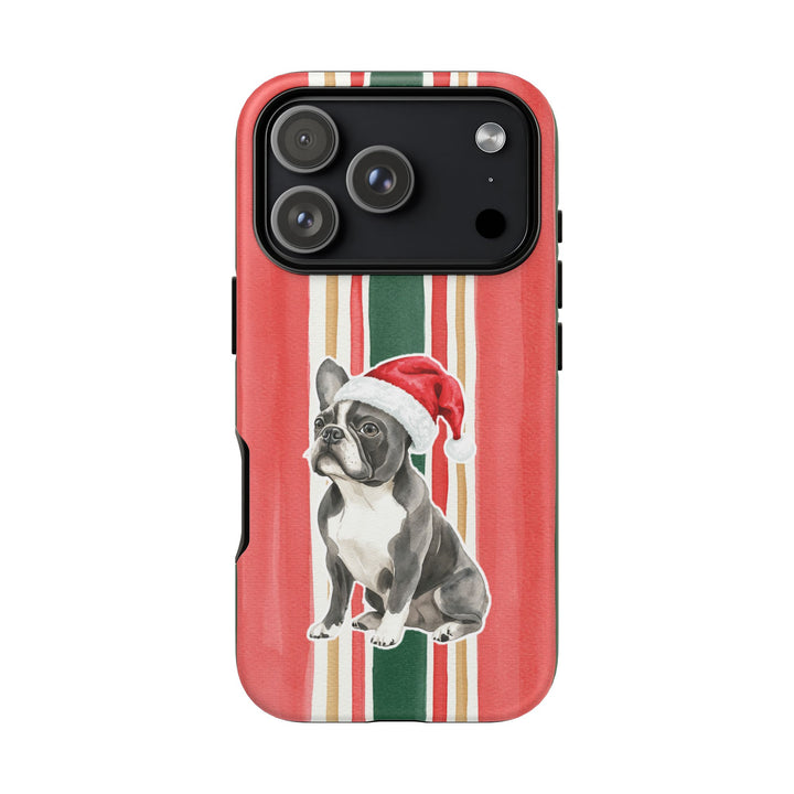 French Bulldog Christmas Tough iPhone Case, Classic Red Green Stripes, Santa Dog Phone Cover