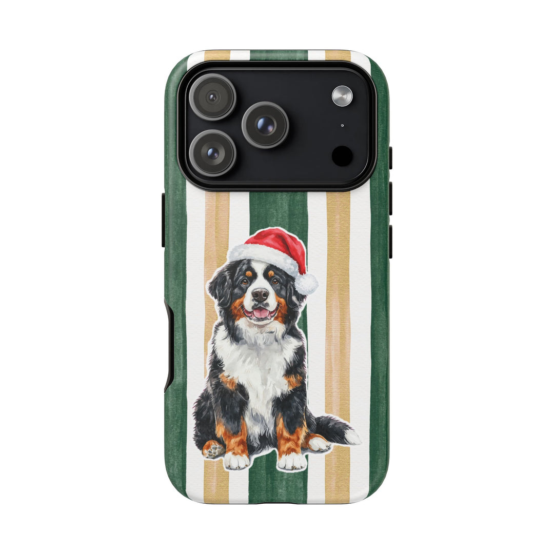 Bernese Mountain Dog Christmas Tough iPhone Case, Green Gold Stripes, Santa Dog Phone Cover