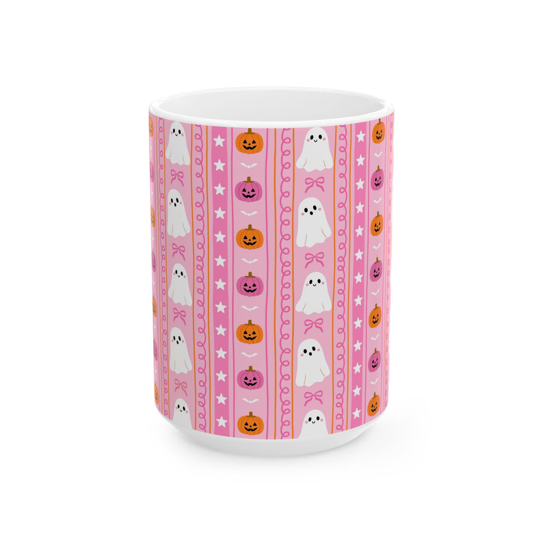 Pink Halloween Ghost Stripe Ceramic Mug, Cute Pumpkin Bow Coffee Cup, Pastel Spooky Gift, 11oz and 15oz